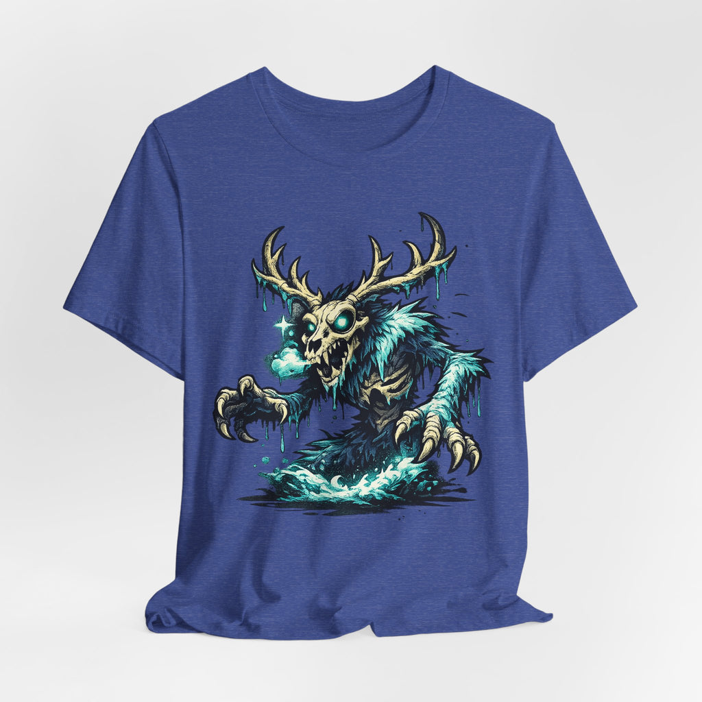 Blue unisex crewneck T-shirt with glowing skull deer monster front print.