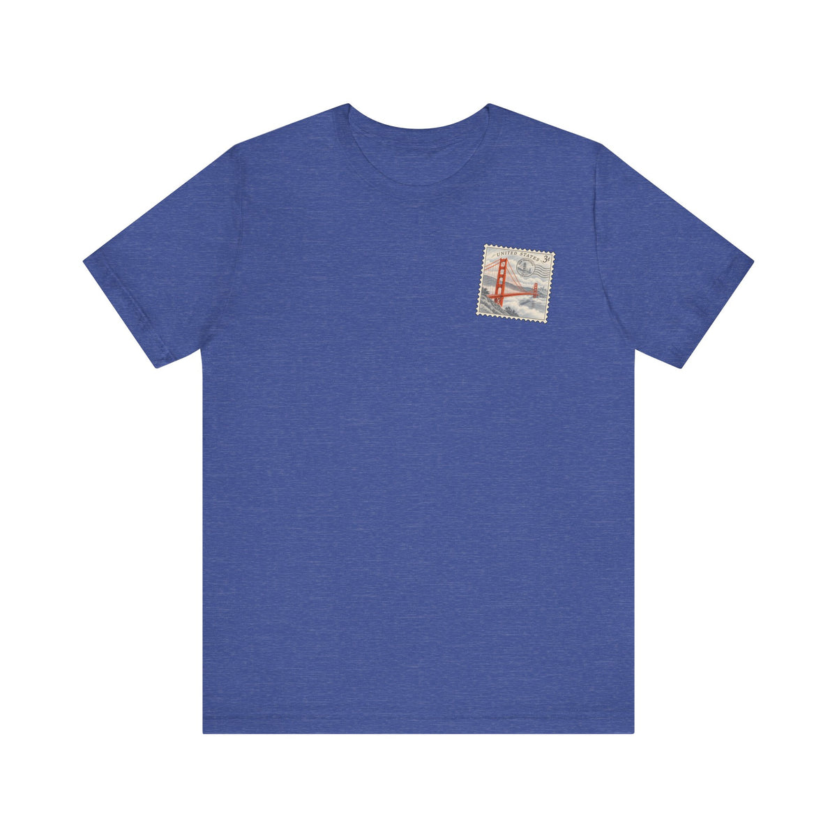 Royal blue graphic tee with small Golden Gate Bridge chest emblem