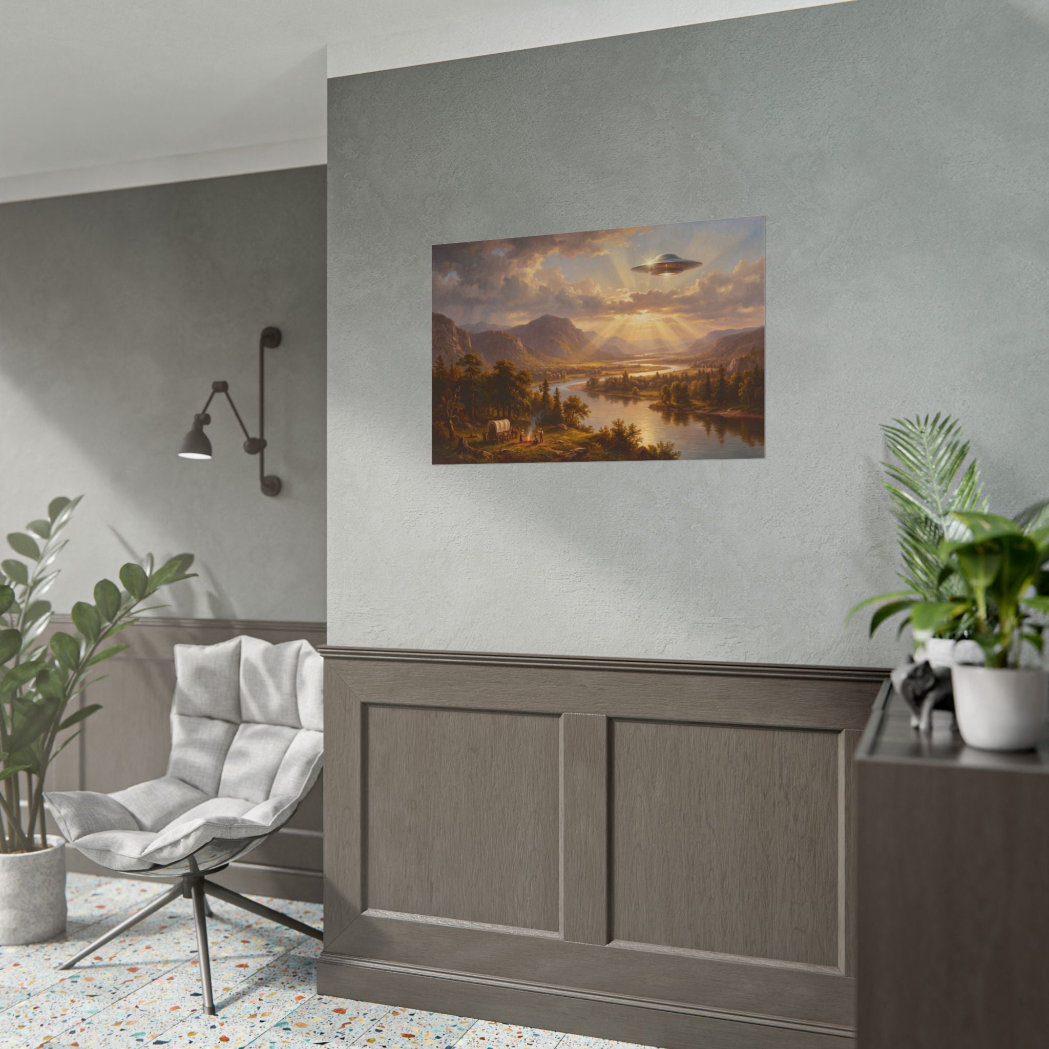 Landscape wall poster with sunset valley river scene and illuminated flying saucer