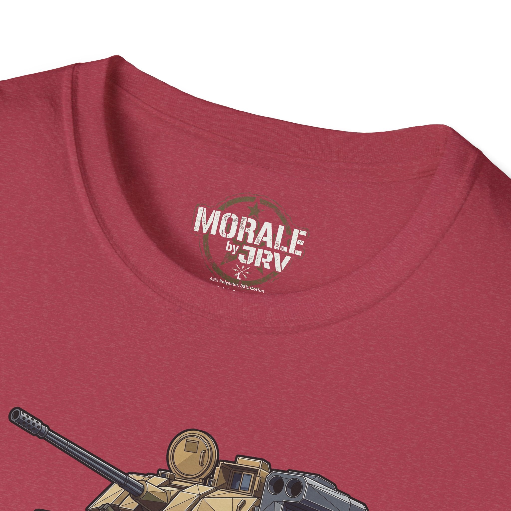 Dark red T-shirt with small 'MORALE by DTRI' neck logo and tank turret graphic