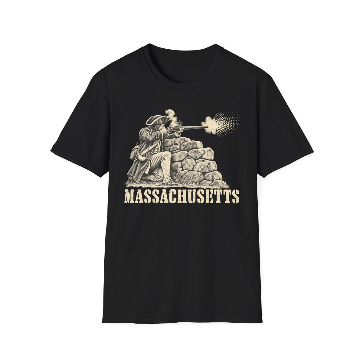Black T-shirt with colonial patriot graphic behind stone wall and “Massachusetts”
