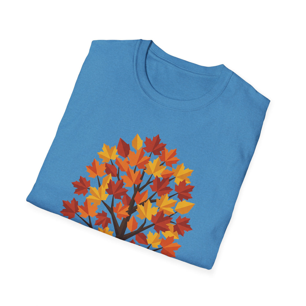 Autumn Maple T-Shirt, blue: Vorderseite mit Herbstlaub-Baum Grafik auf Brusthöhe