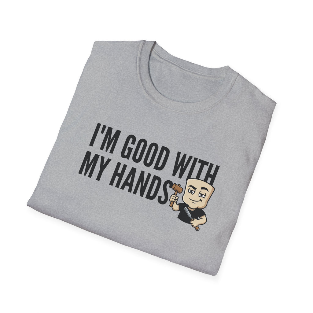 Gray T-shirt with crew neck, 'I'M GOOD WITH MY HANDS' print and cartoon builder