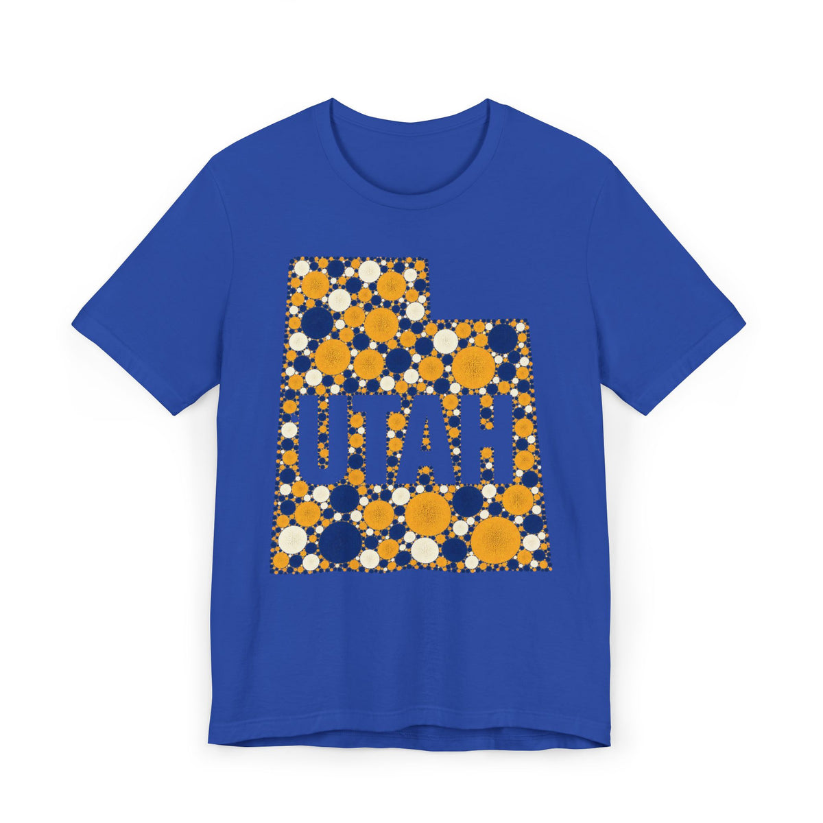 Royal blue crewneck T-shirt with multicolor polka-dot Utah map graphic