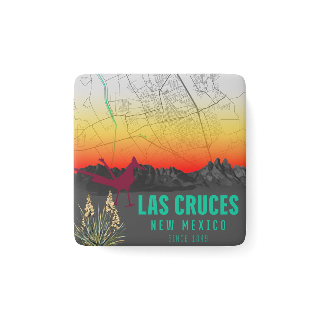 Las Cruces New Mexico porcelain magnet, square design with map and sunset mountains