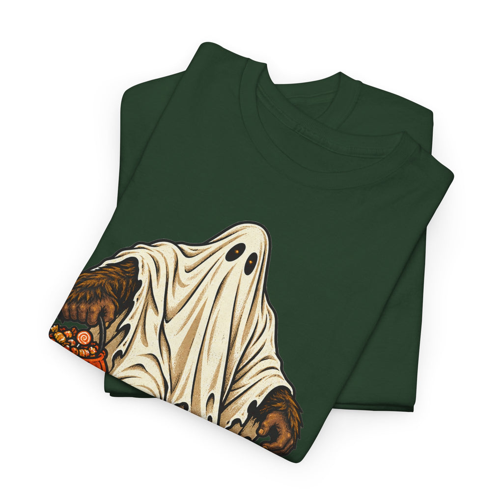Dark green Halloween T-shirt with retro pumpkin sasquatch graphic, crew neck short sleeves