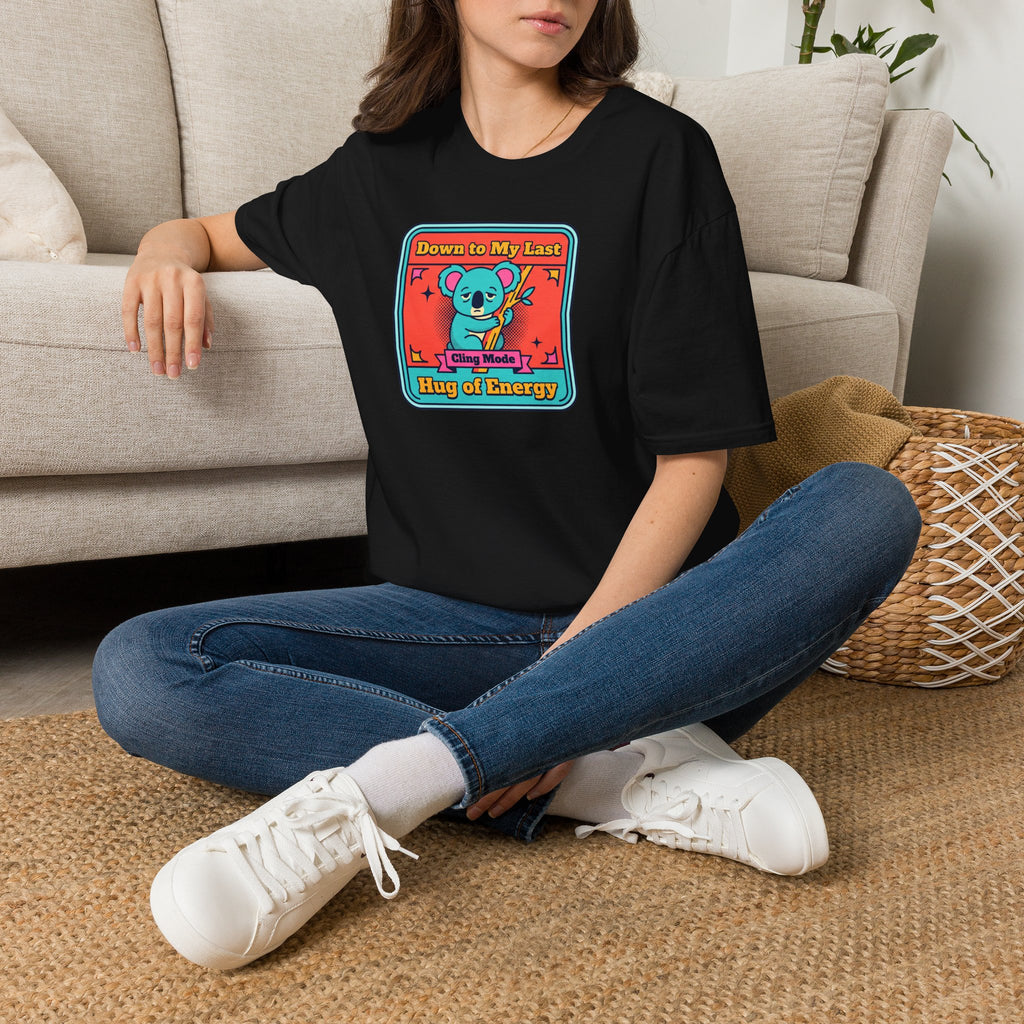 Black short-sleeve T-shirt with teal koala slogan graphic