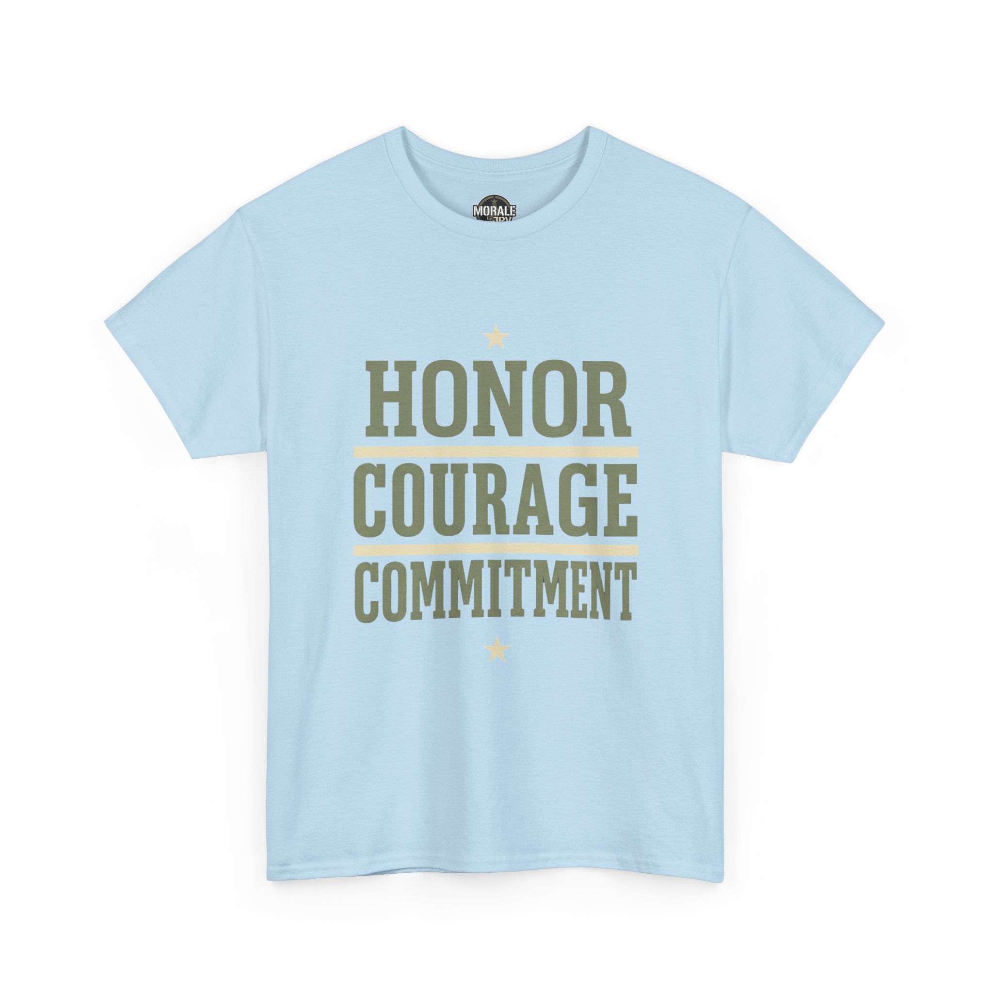 Light blue T-shirt with "HONOR COURAGE COMMITMENT" graphic and stars on front