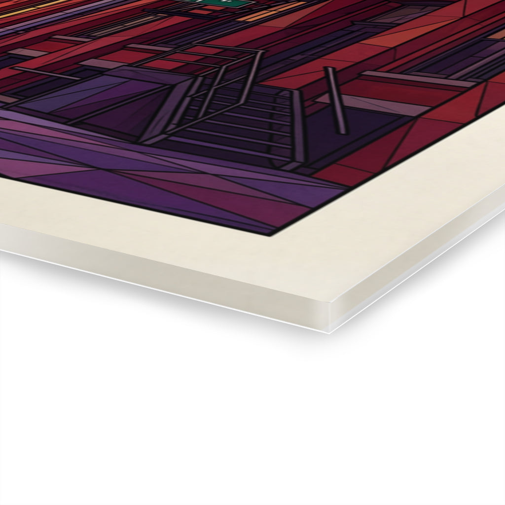 Close-up of acrylic wall art corner showing layered edge and red-purple building details.