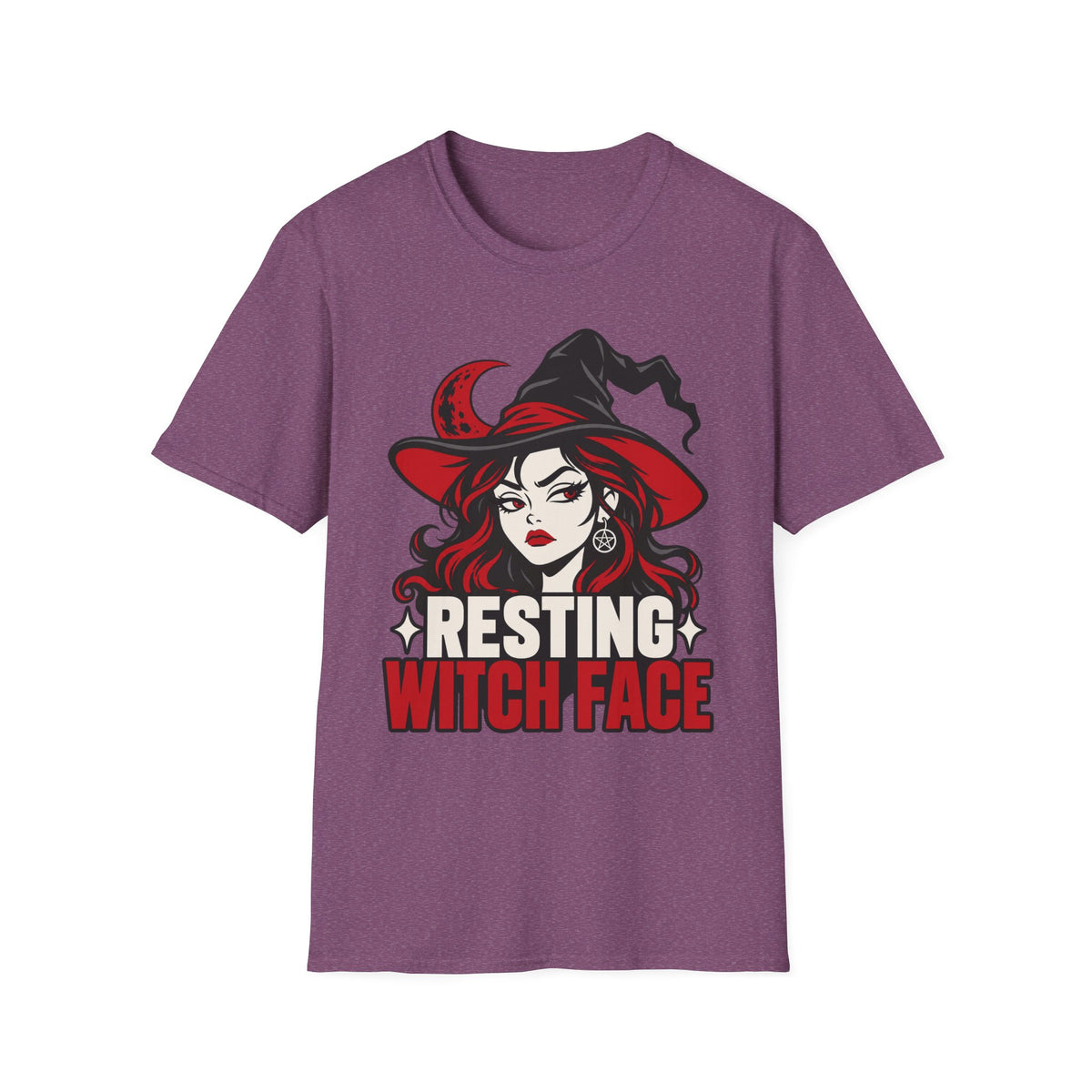 Purple Halloween witch graphic T-shirt with “Resting Witch Face” text