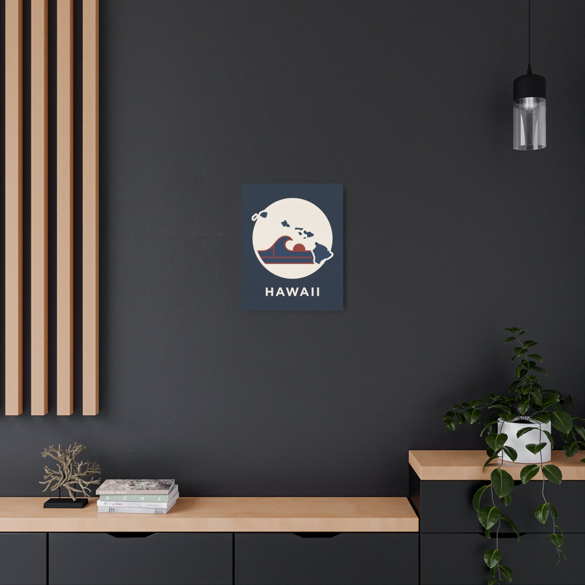 Hawaii wave map metal wall art sign, dark blue square with white island and HAWAII text