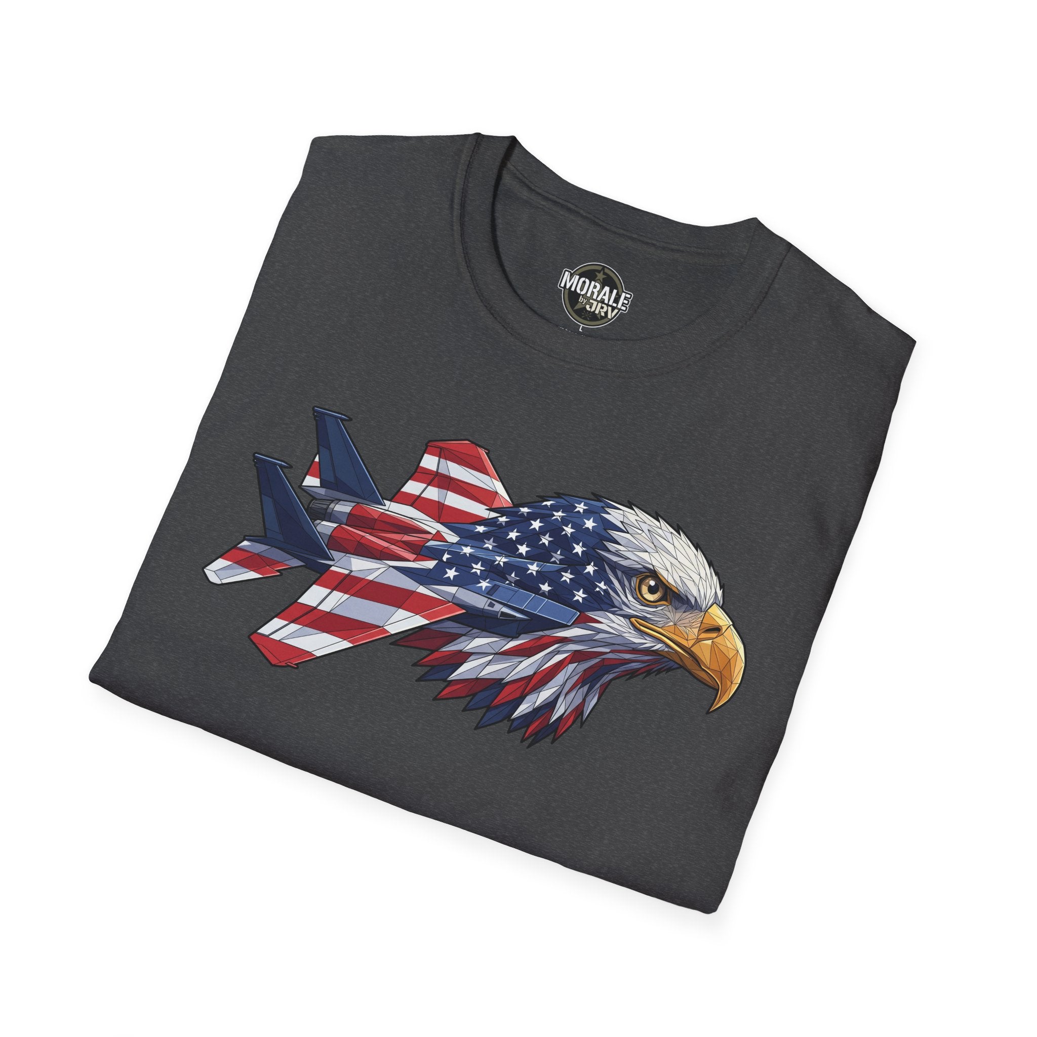 Dark heather T-shirt with bald eagle head and American flag plane graphic