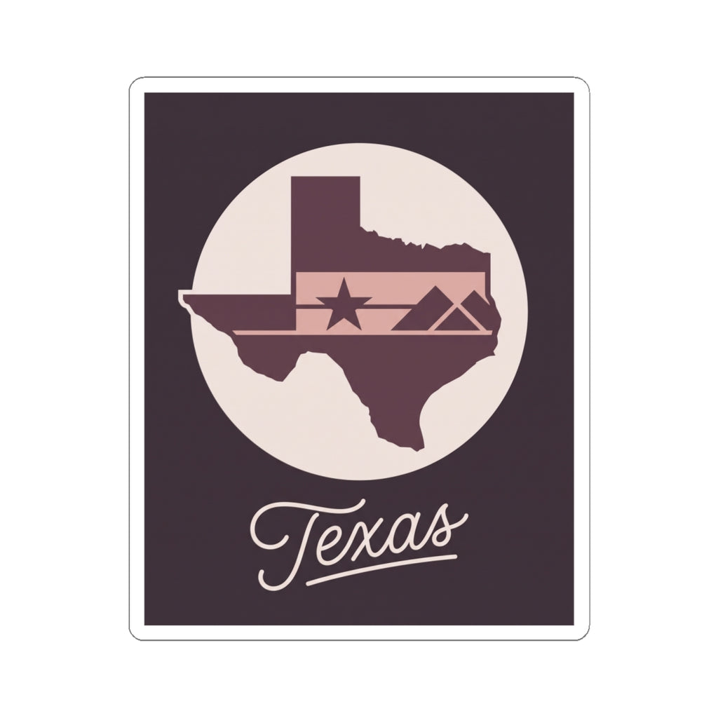 Texas themed square decal with white circle background, star and script "Texas"