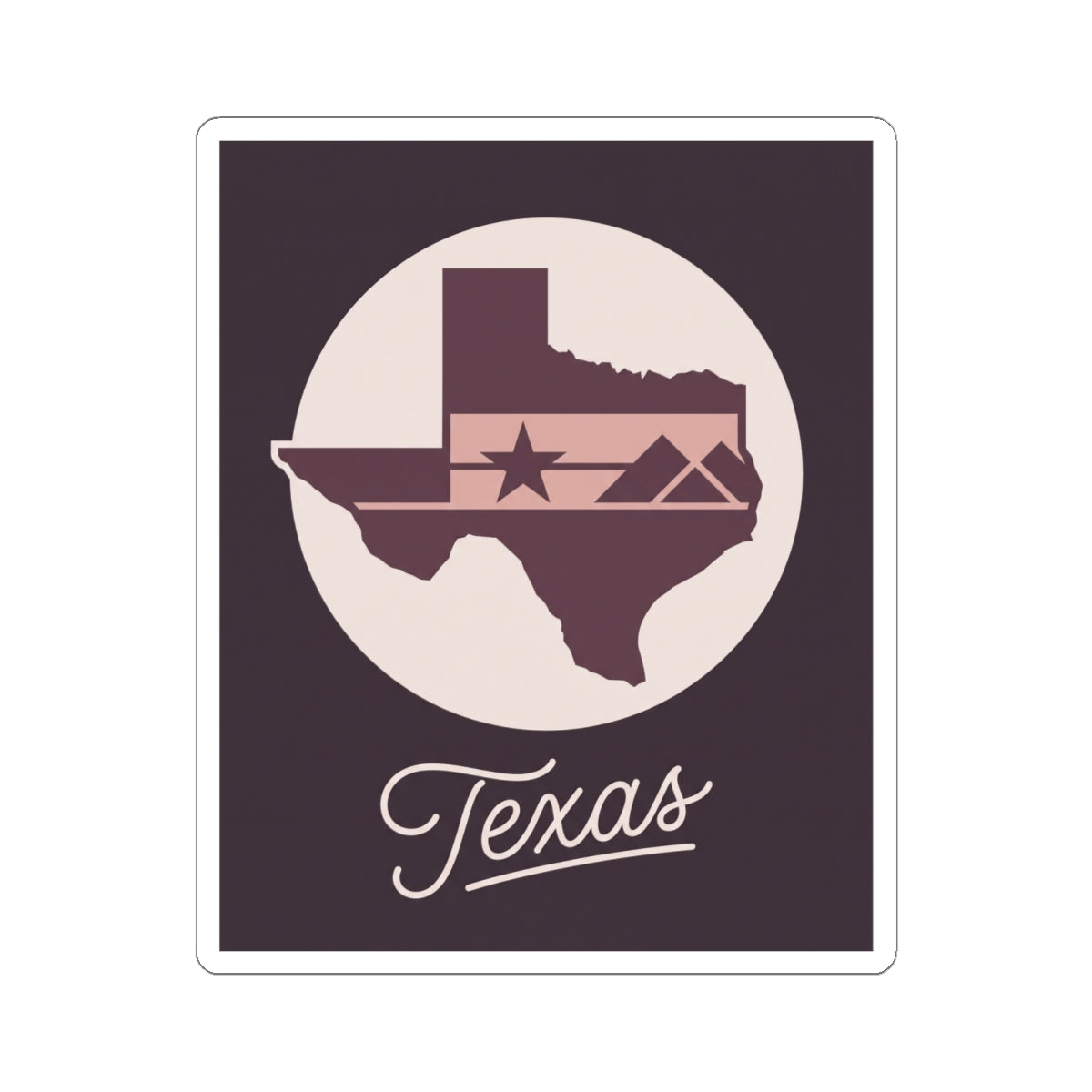 Texas themed square decal with white circle background, star and script "Texas"
