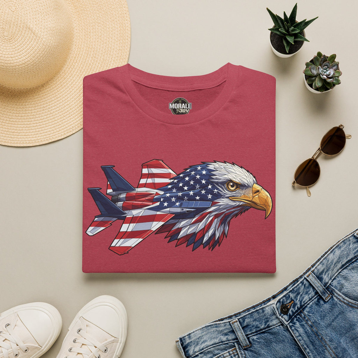 Maroon crewneck t-shirt with bald eagle graphic over American flag stars and stripes