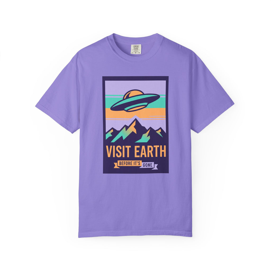 Lavender T-shirt with UFO “VISIT EARTH” front graphic