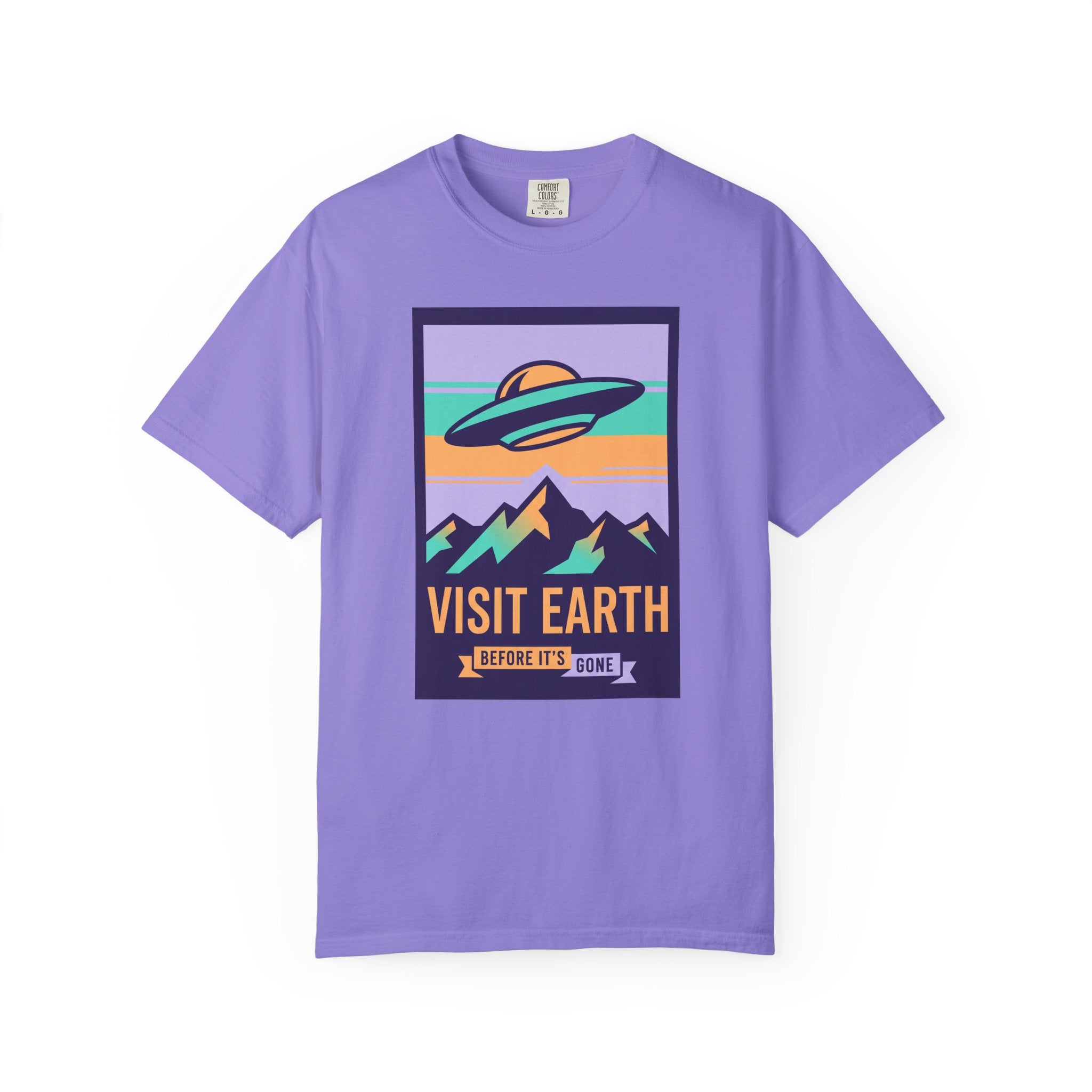 Lavender T-shirt with UFO “VISIT EARTH” front graphic