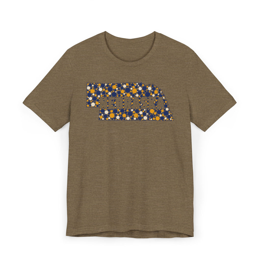 Olive heather tee with floral Nebraska outline graphic and NEBRASKA text