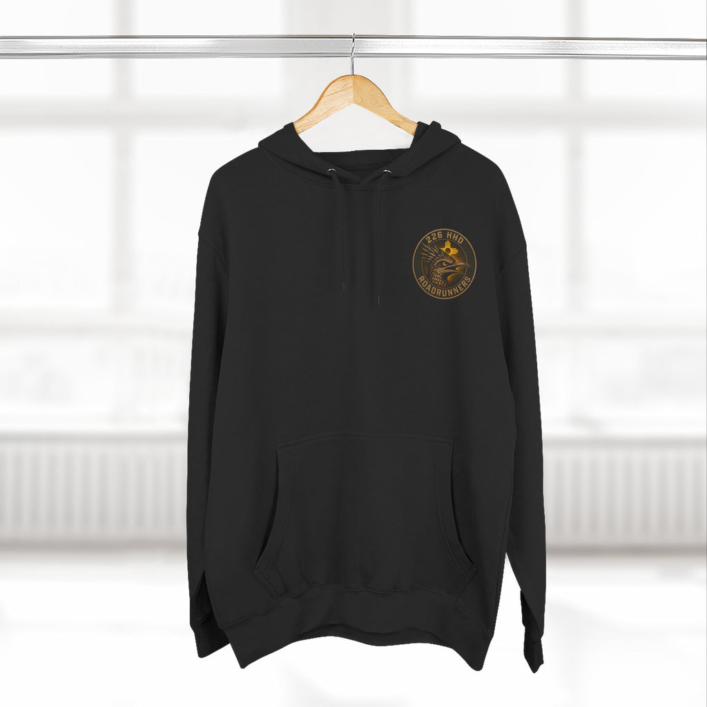 Black pullover hoodie with kangaroo pocket, hood, and small chest emblem.