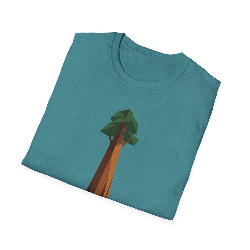 Geometric redwood tree graphic T-shirt in teal, short sleeves and full front view
