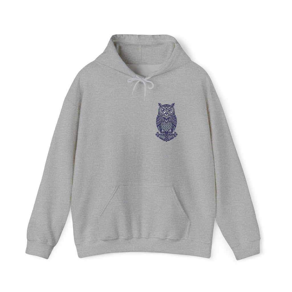 Heather gray unisex hoodie with blue owl chest print and front pouch pocket