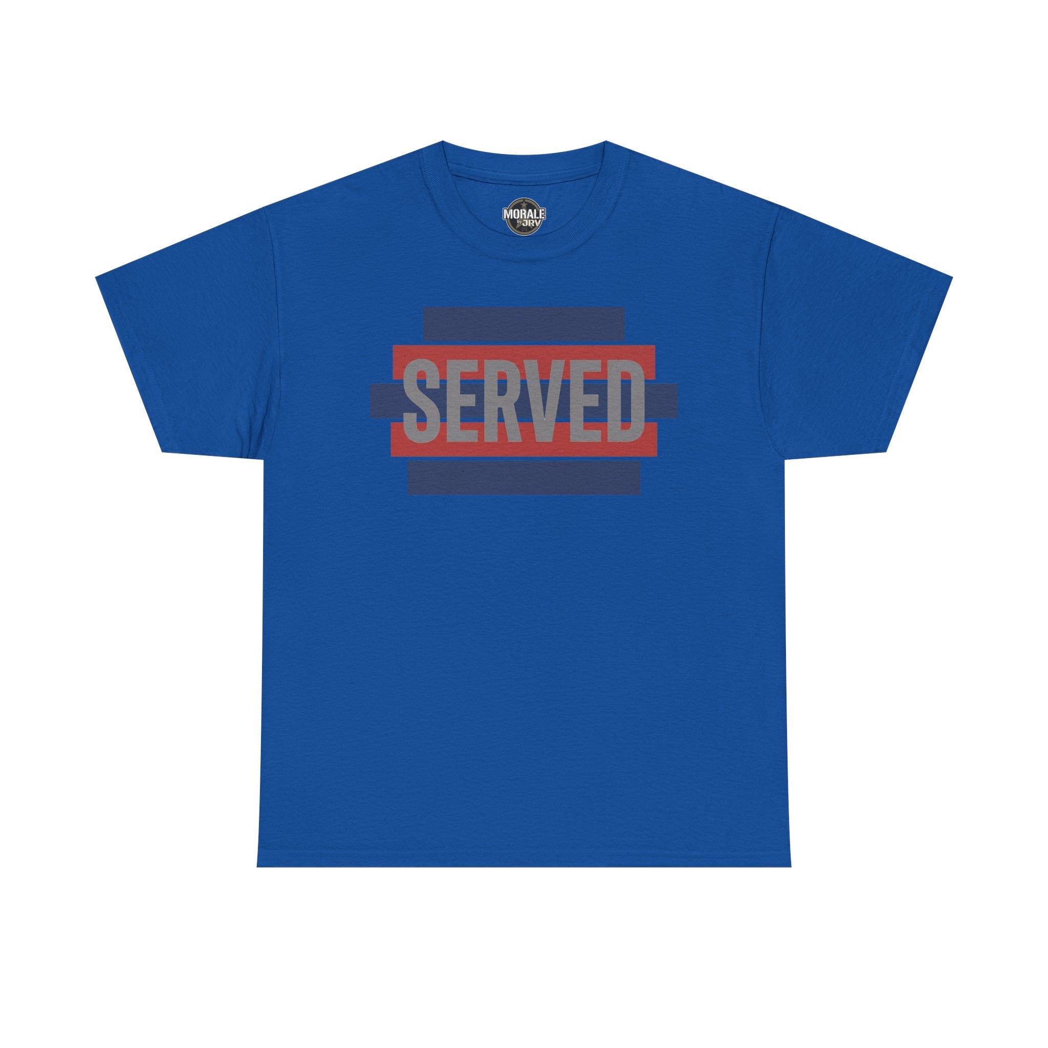 Royal blue T-shirt with “SERVED” graphic in red and blue stripes at center chest