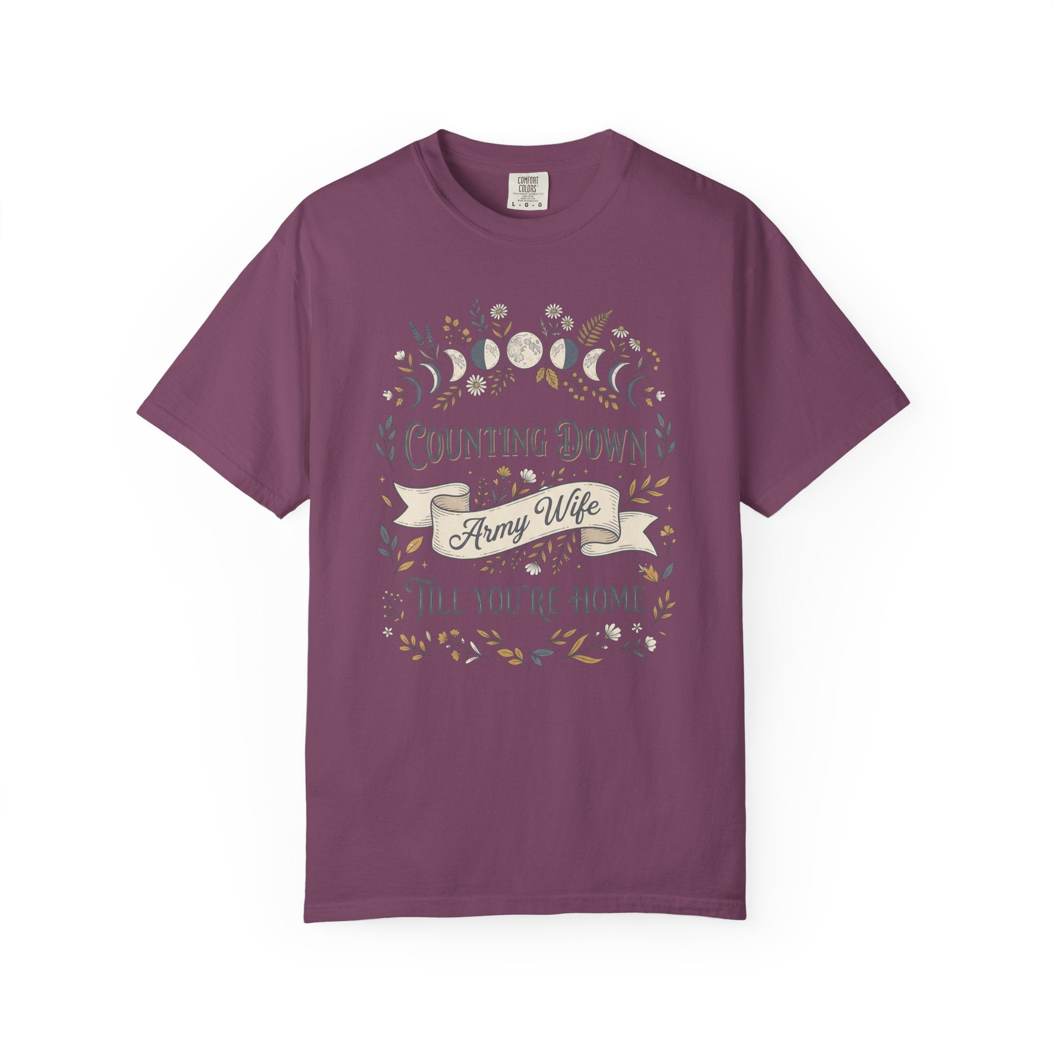 Plum army wife countdown T-shirt with floral “Counting Down” front graphic