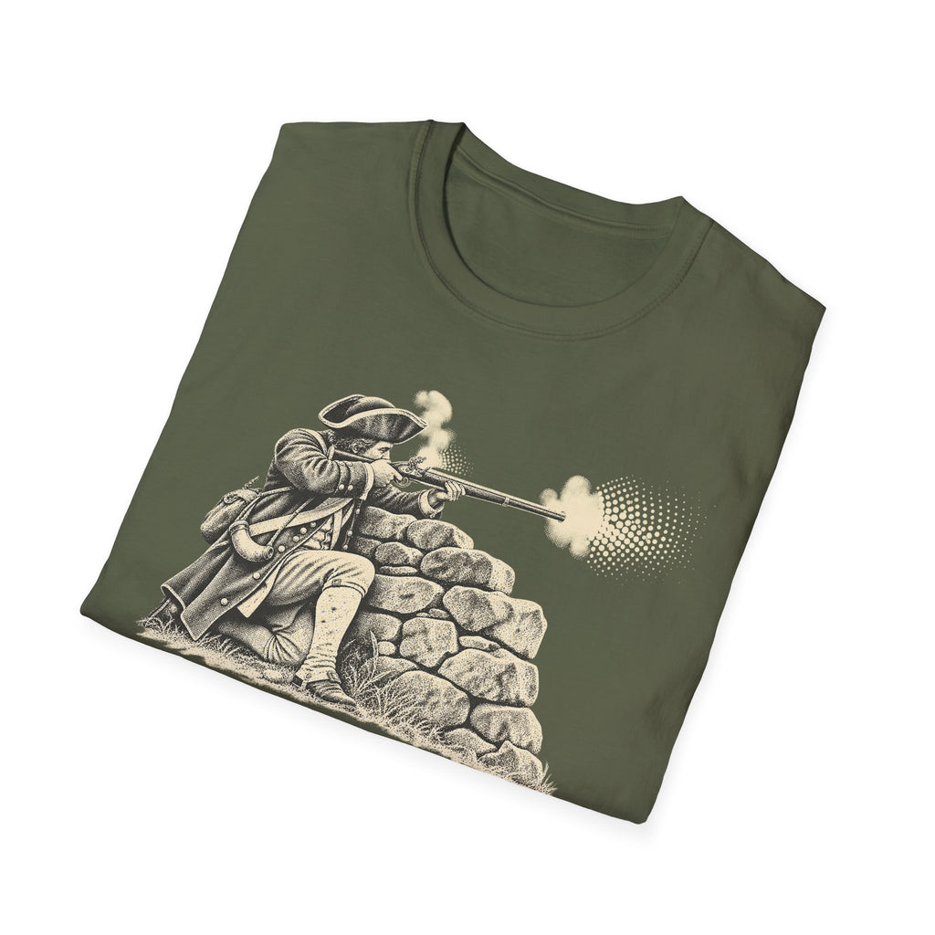 Military green crewneck t-shirt with musket soldier and stone wall graphic on front