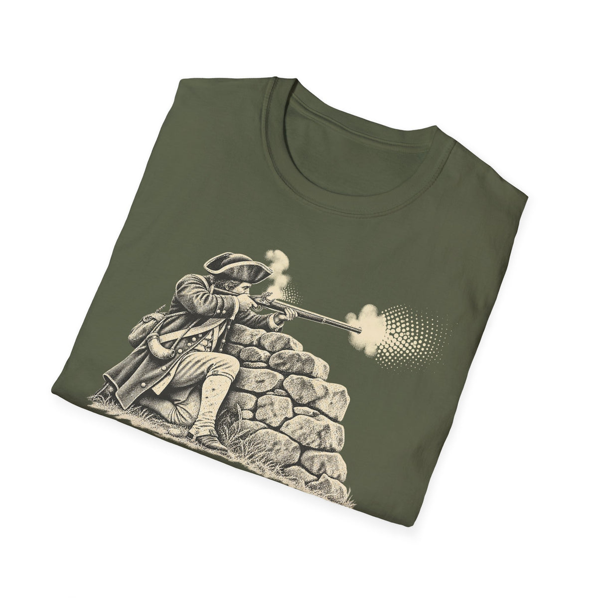 Military green crewneck t-shirt with musket soldier and stone wall graphic on front