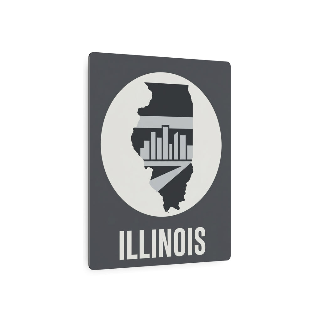 Illinois metal wall art square, circular Illinois silhouette with skyline, “ILLINOIS” text.