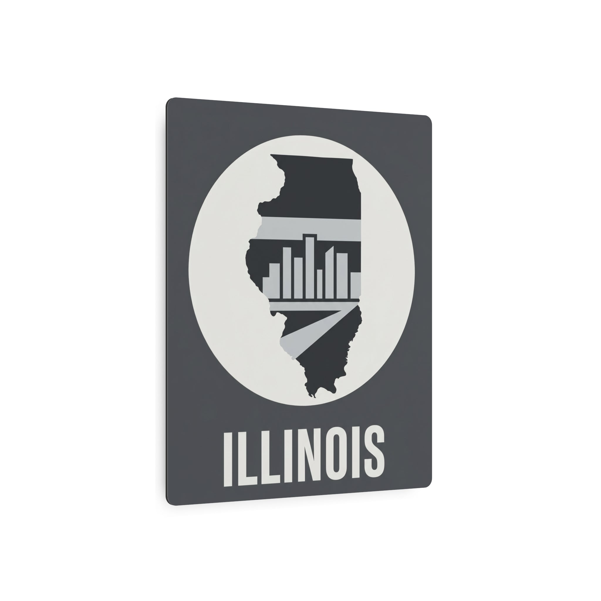 Illinois metal wall art square, circular Illinois silhouette with skyline, “ILLINOIS” text.