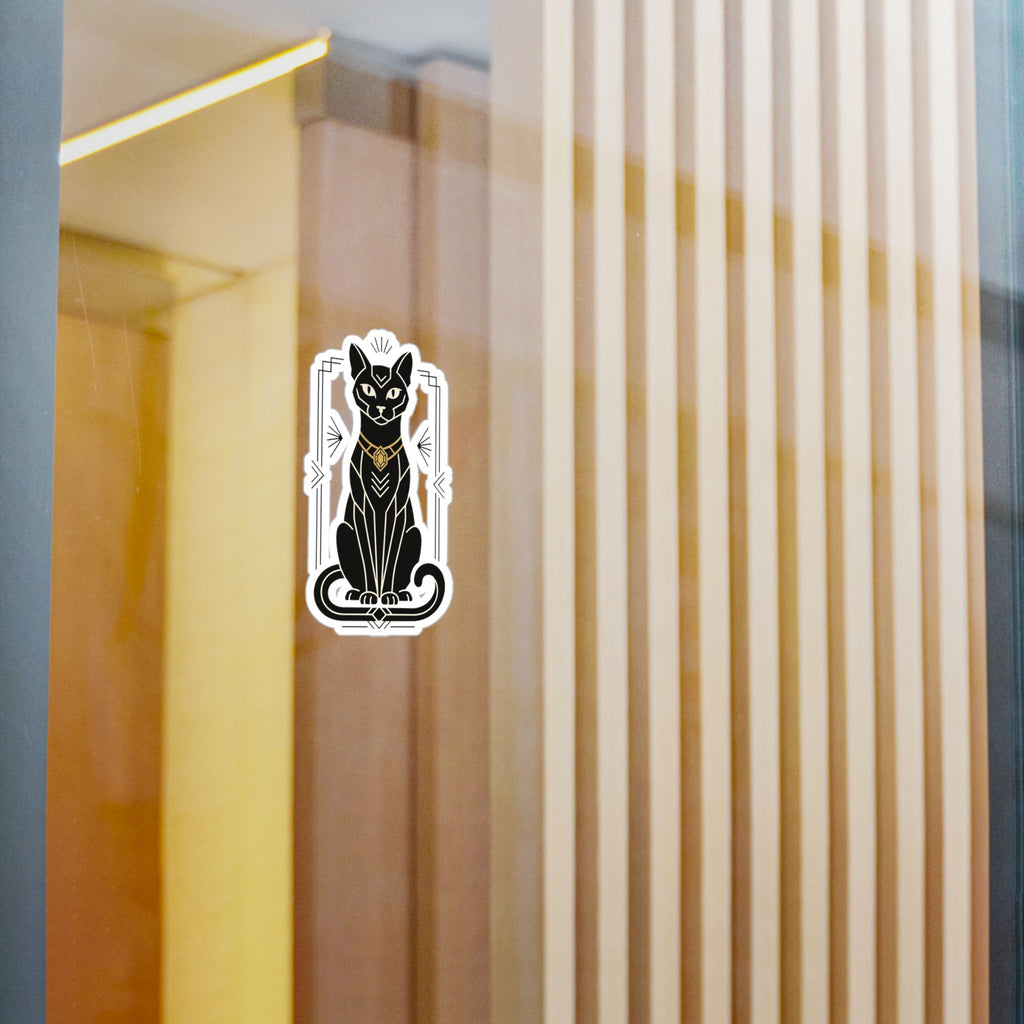 Black cat art deco vinyl decal with gold collar, seated pose, white outline