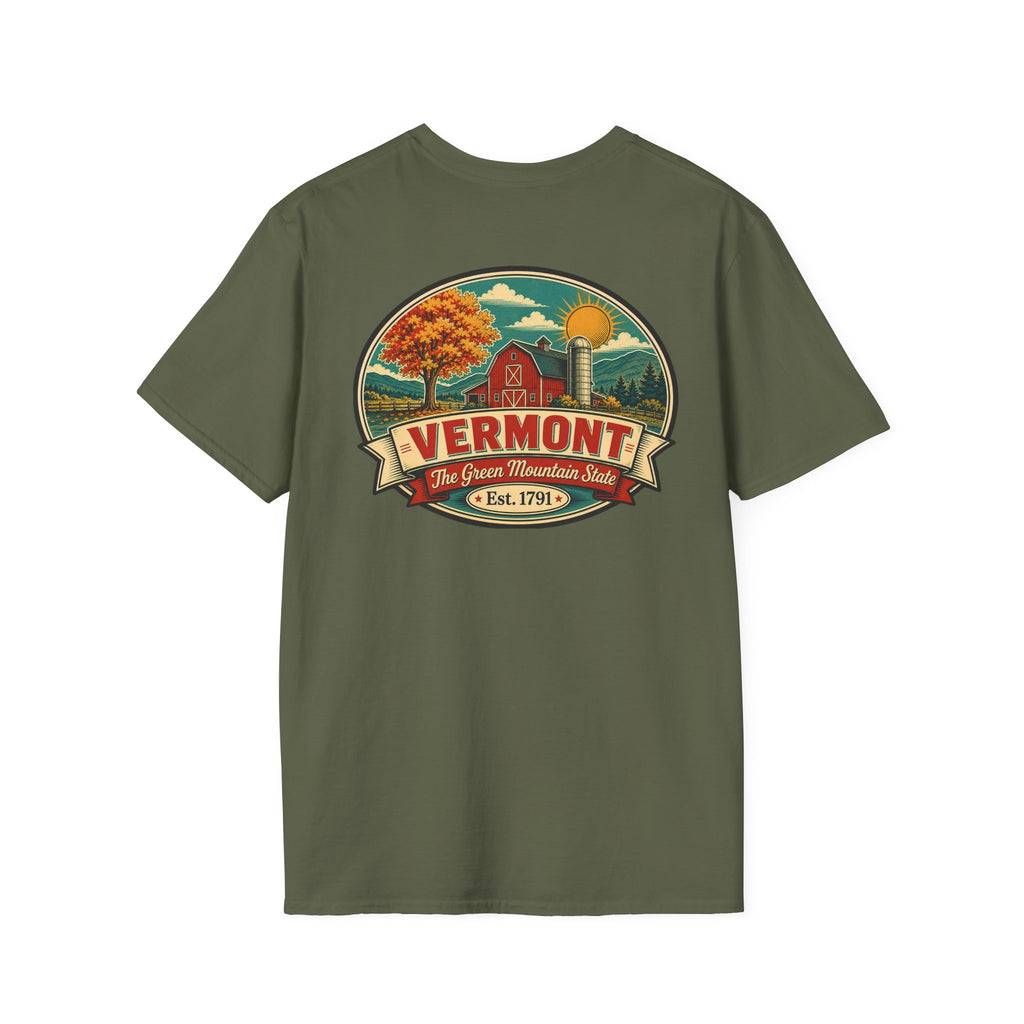 Olive/military green T-shirt with Vermont badge graphic print, short sleeves, crew neck
