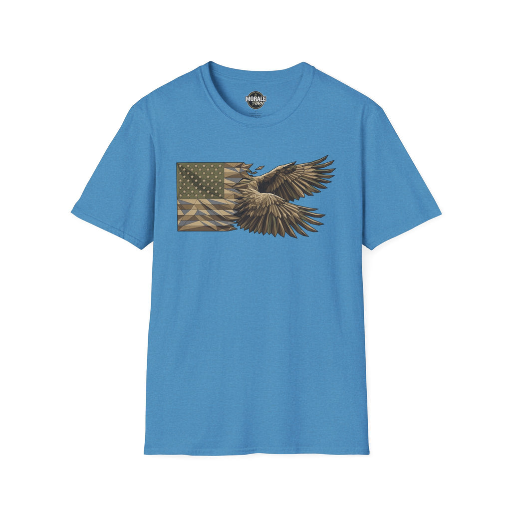 Patriotic camouflage T-shirt in bright blue with soaring bald eagle and flag graphic