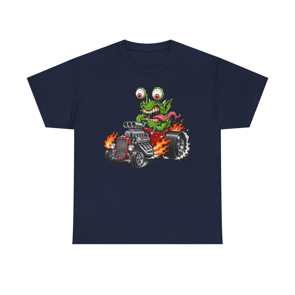 Monster hot rod graphic tee in navy, front monster driving hot rod with flames