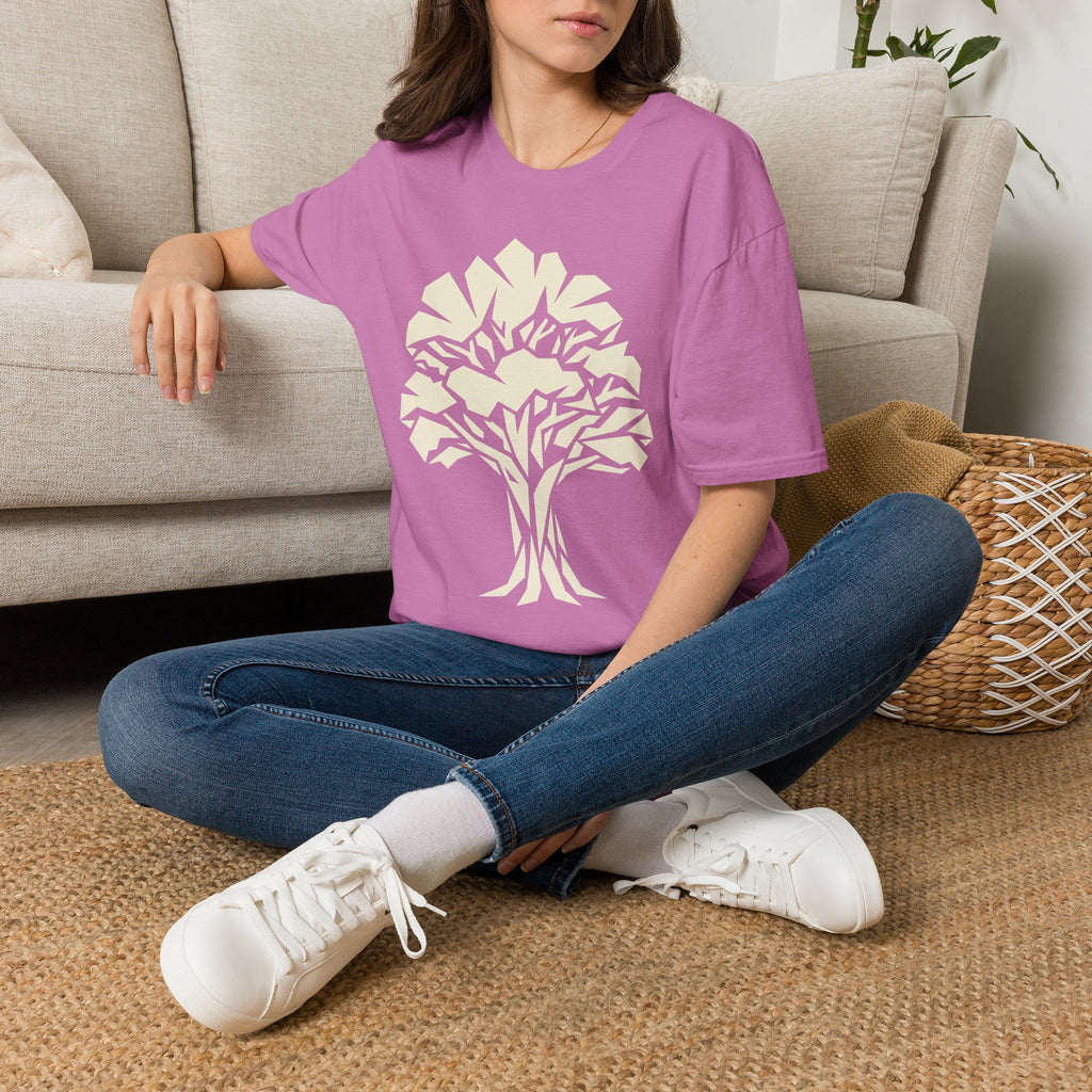 Pink-purple T-shirt with geometric tree silhouette graphic, crew neck short sleeves