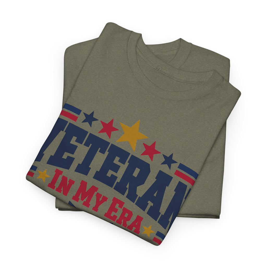 Olive green short-sleeve T-shirt with patriotic star and stripe front graphic