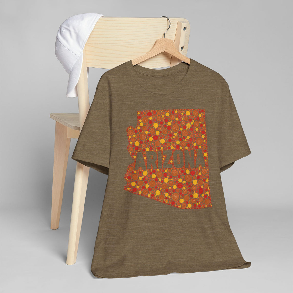 Brown heather crewneck T-shirt with orange ARIZONA graphic map pattern on front