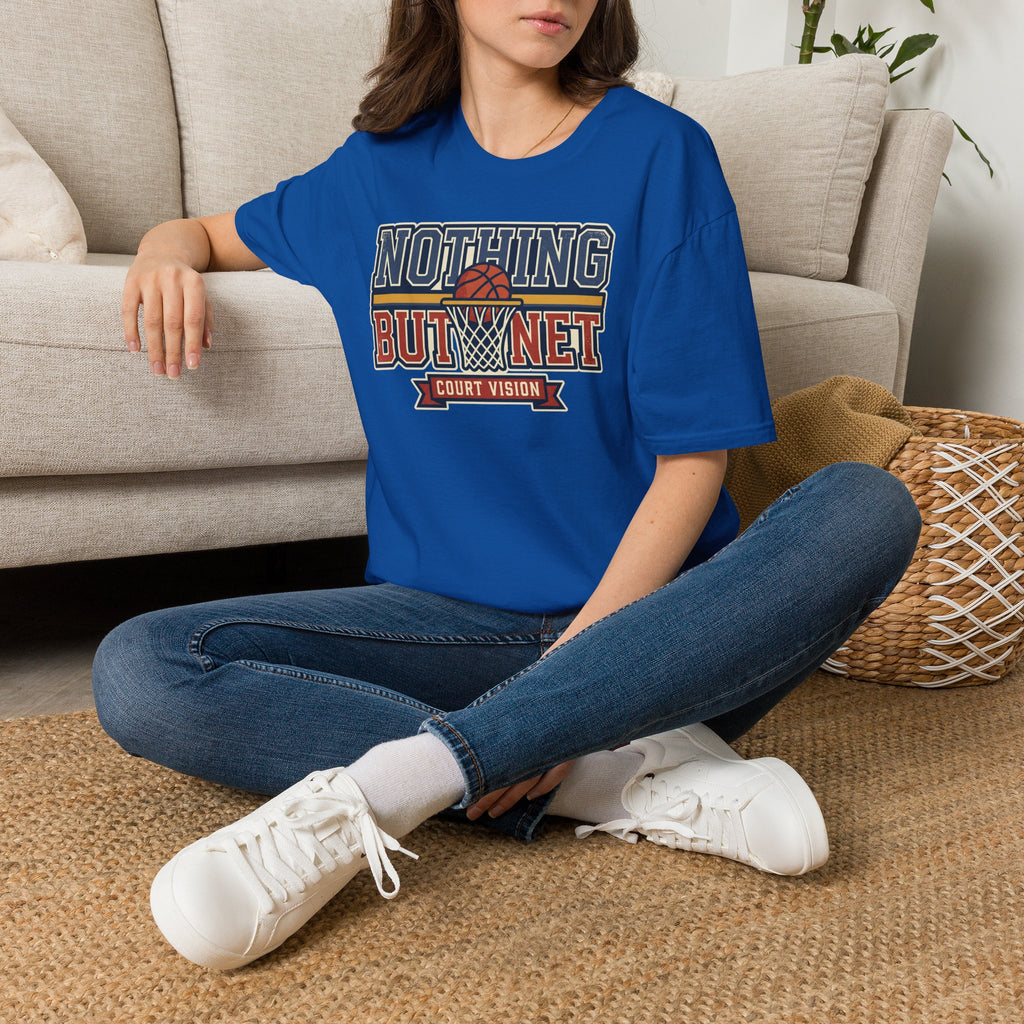 Royal blue crewneck T-shirt with Nothing But Net court vision graphic