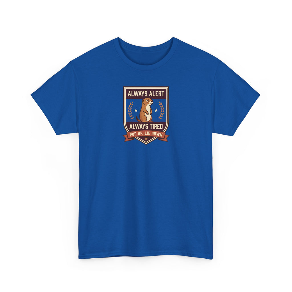 Royal blue crewneck T-shirt with rectangular "Always Alert" badge graphic.