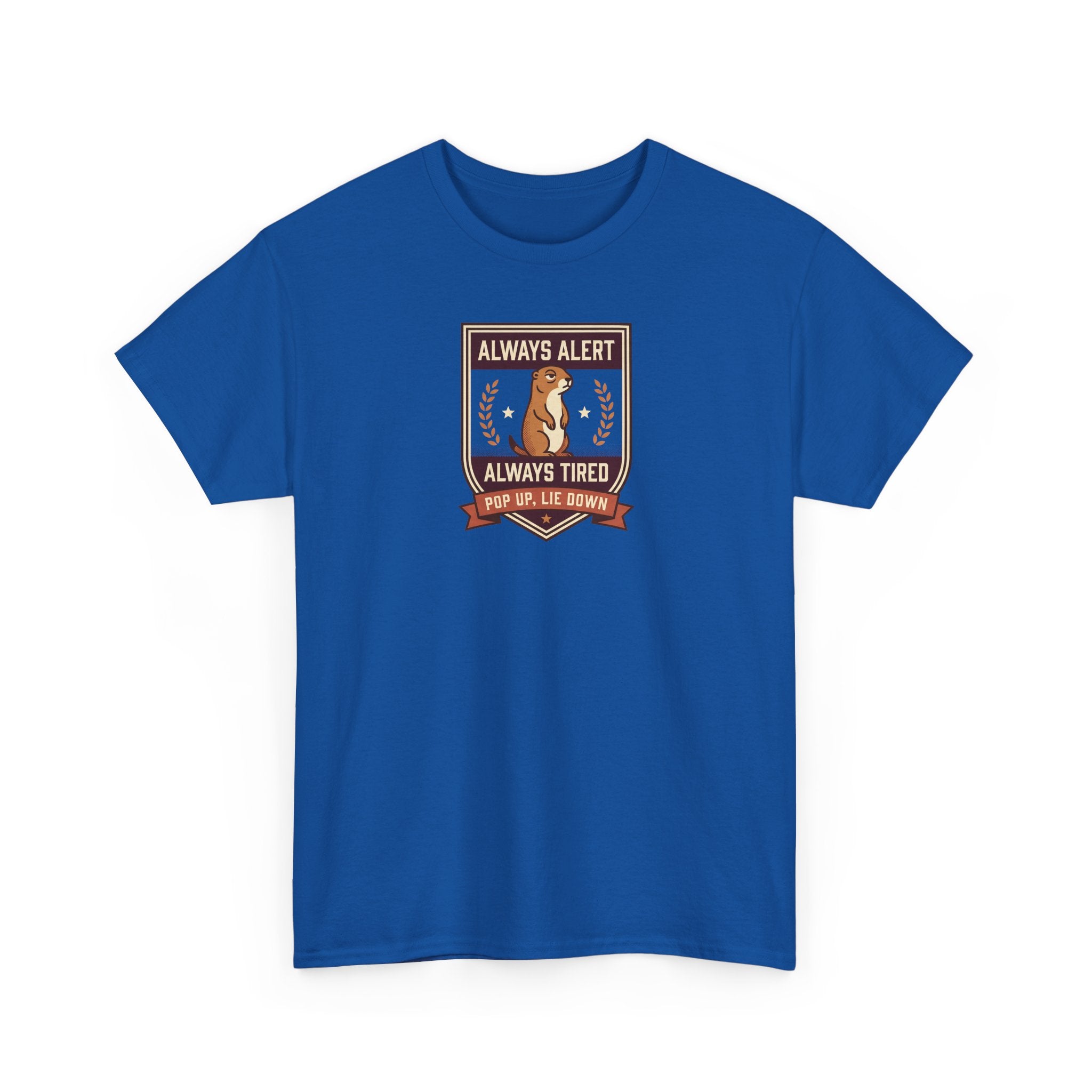 Royal blue crewneck T-shirt with rectangular "Always Alert" badge graphic.