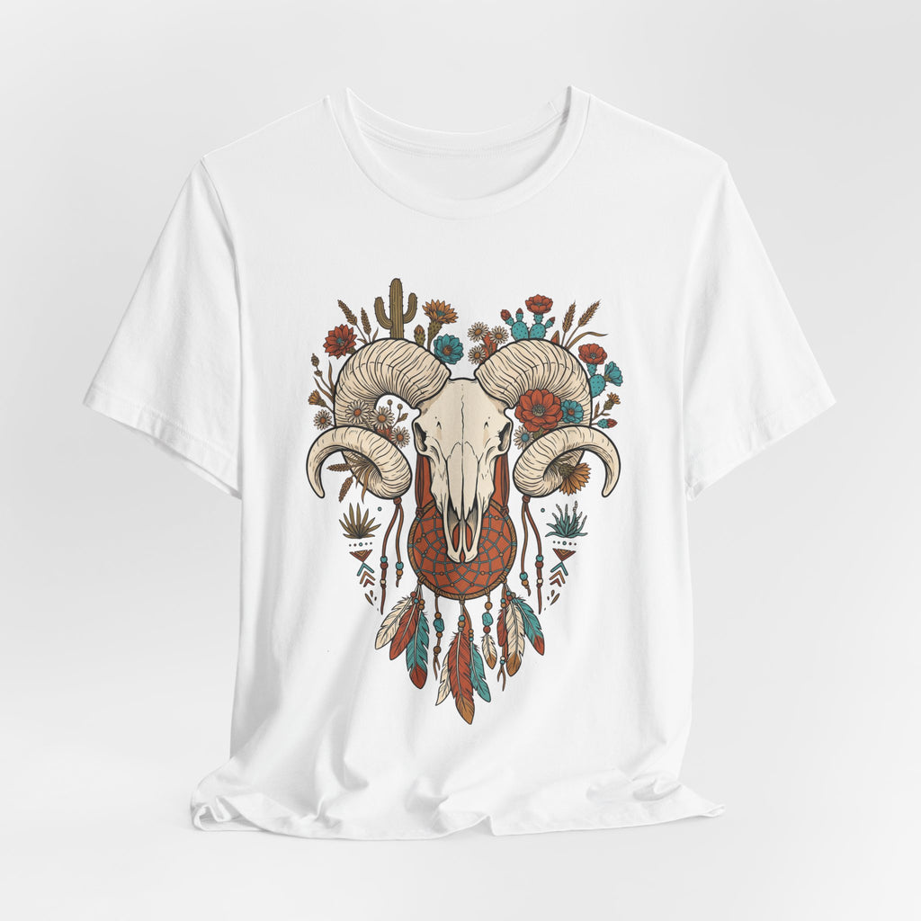 White front graphic ram skull with curled horns, flowers, dreamcatcher feathers, cactus accents