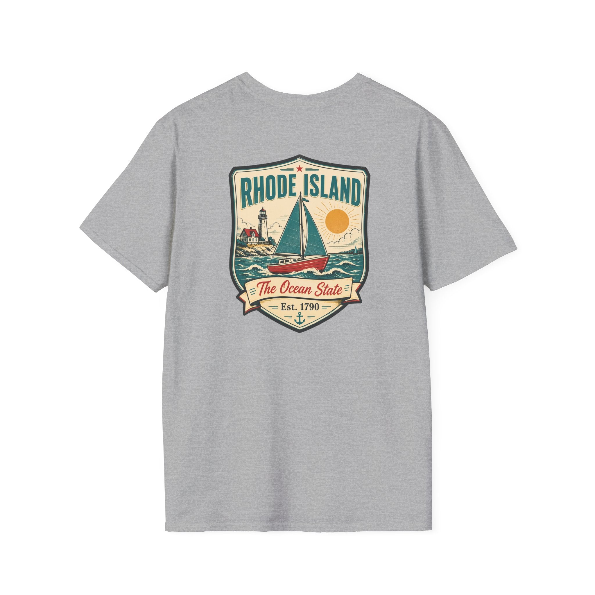 Sailboat graphic t-shirt, light gray, with Rhode Island emblem front print
