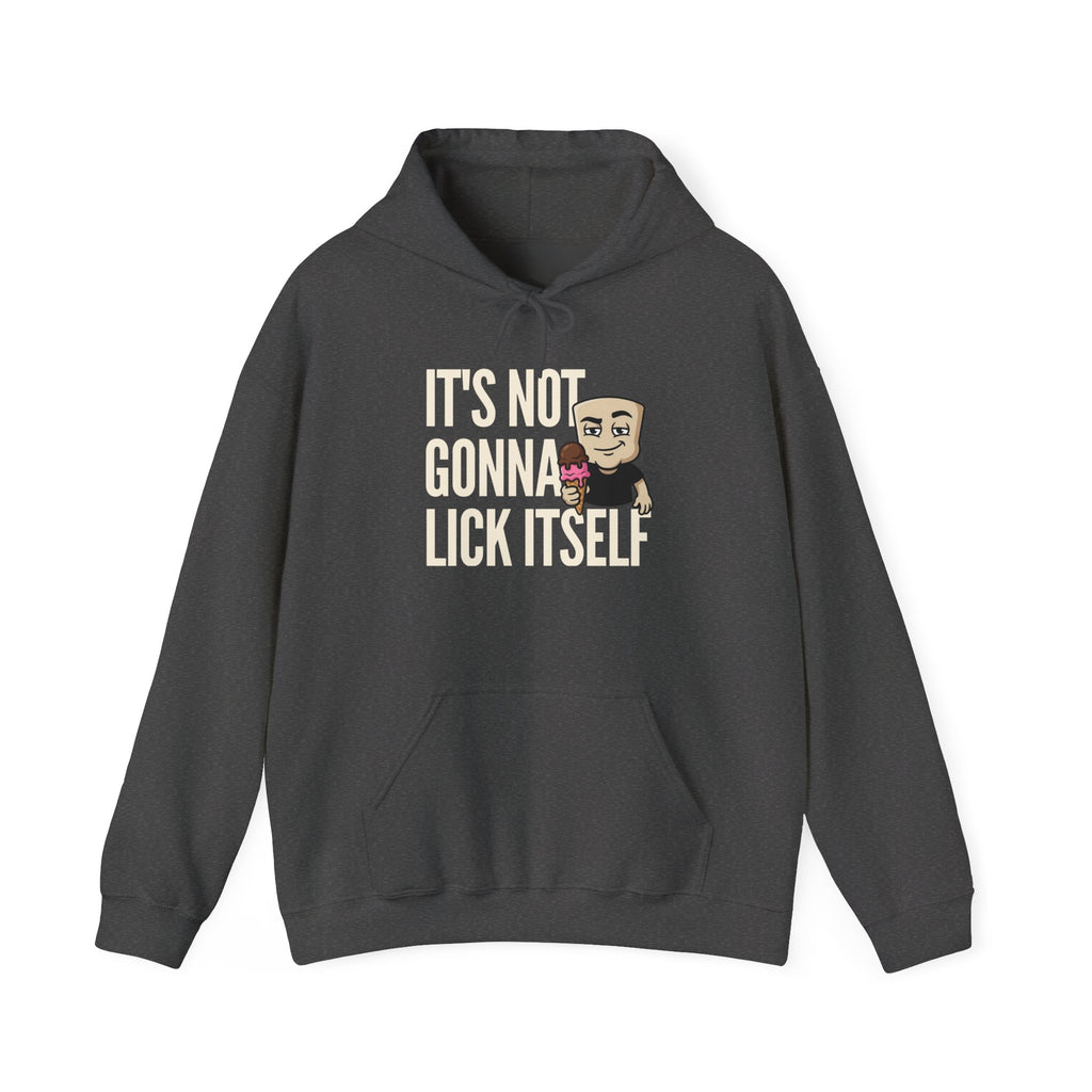 Charcoal hoodie with front pocket, hood, and ice cream character 'IT'S NOT...' graphic.