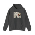 Charcoal hoodie with front pocket, hood, and ice cream character 'IT'S NOT...' graphic.