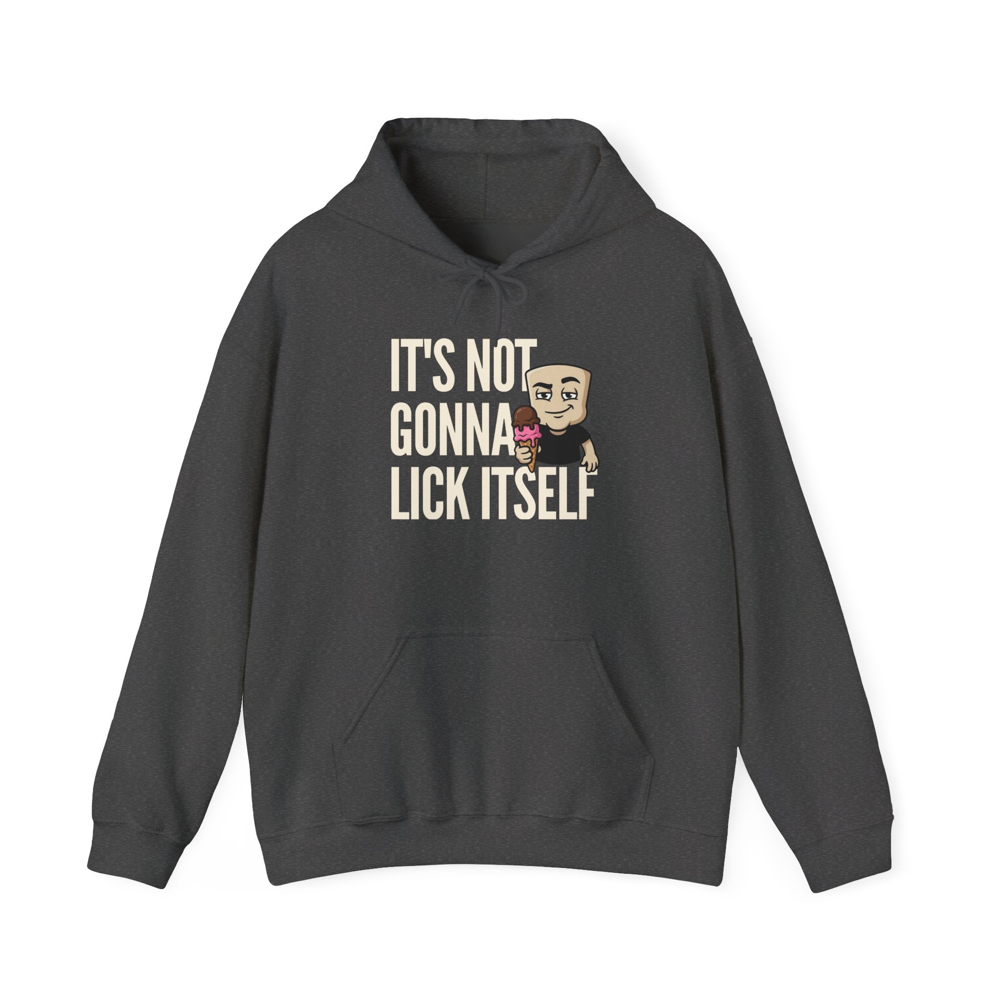 Charcoal hoodie with front pocket, hood, and ice cream character 'IT'S NOT...' graphic.