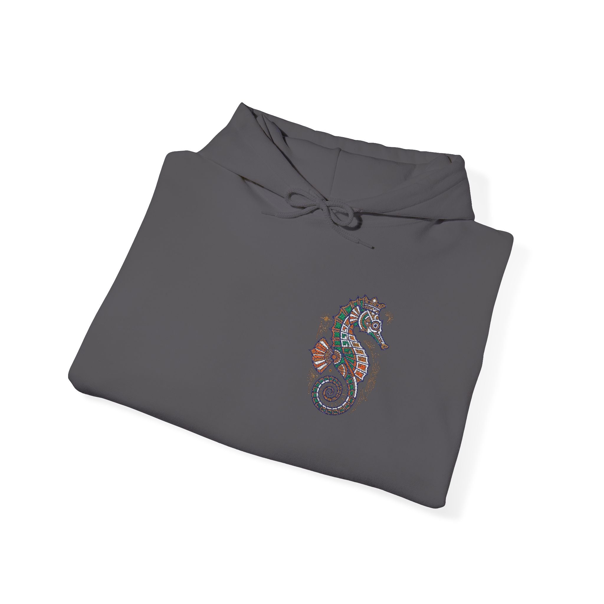 Nautical floral seahorse hoodie, dark gray, front view with seahorse graphic