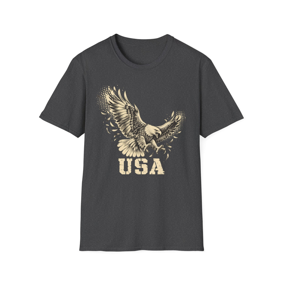 Charcoal gray crew-neck T-shirt with soaring bald eagle and “USA” graphic print