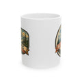 White ceramic coffee mug with partial vintage national park badge graphics on sides