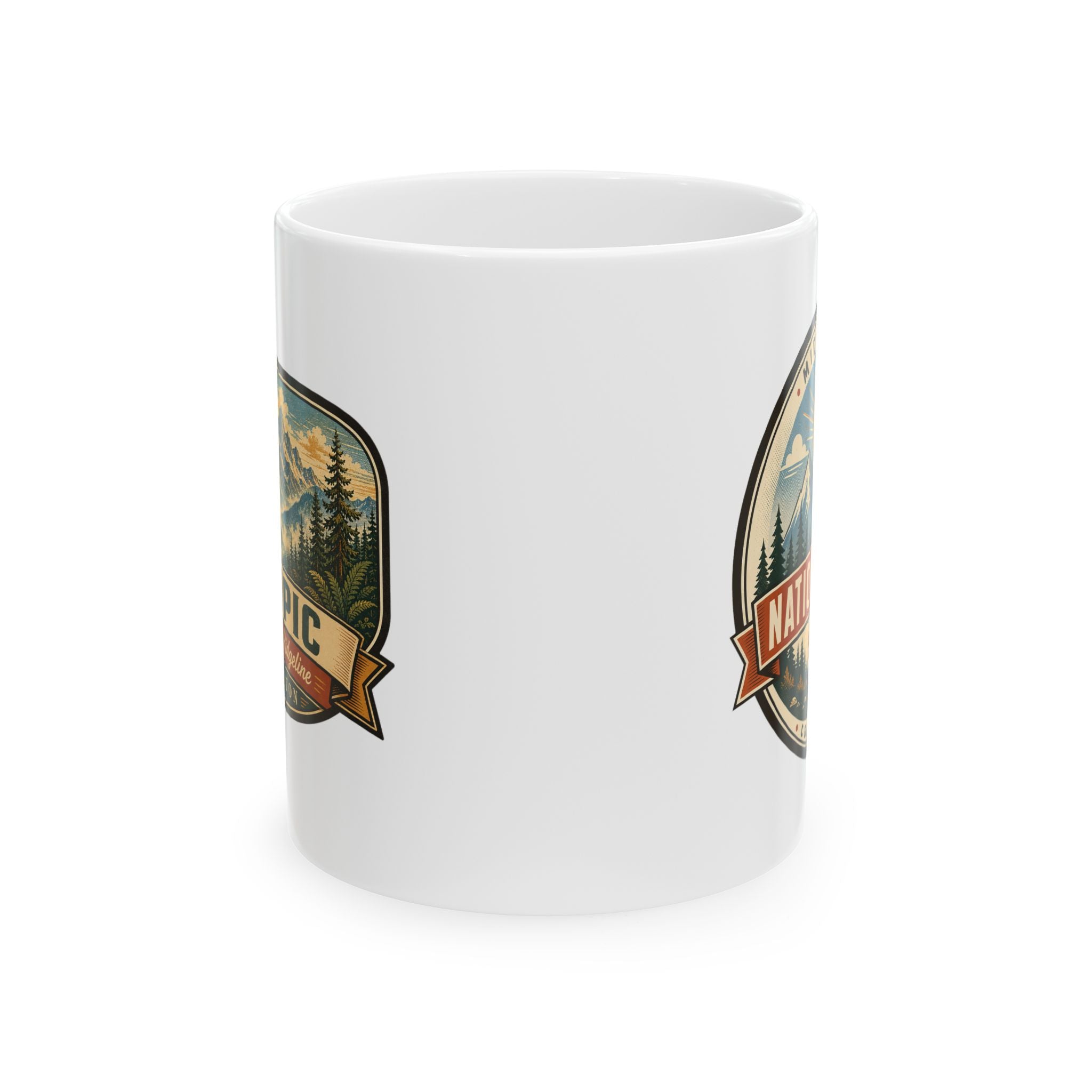 White ceramic coffee mug with partial vintage national park badge graphics on sides